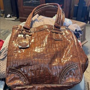 LC Lauren Conrad Shiny Brown Crocodile-Embossed Shoulder Bag